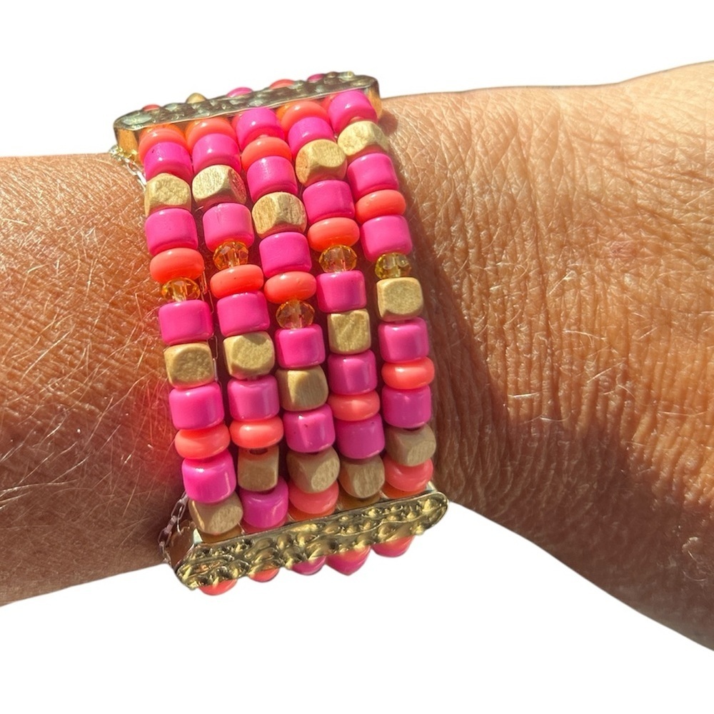 Lilly Pulitzer Neon Pink & Wood Bead Stretch Bracelet Multistrand - Picture 2 of 2
